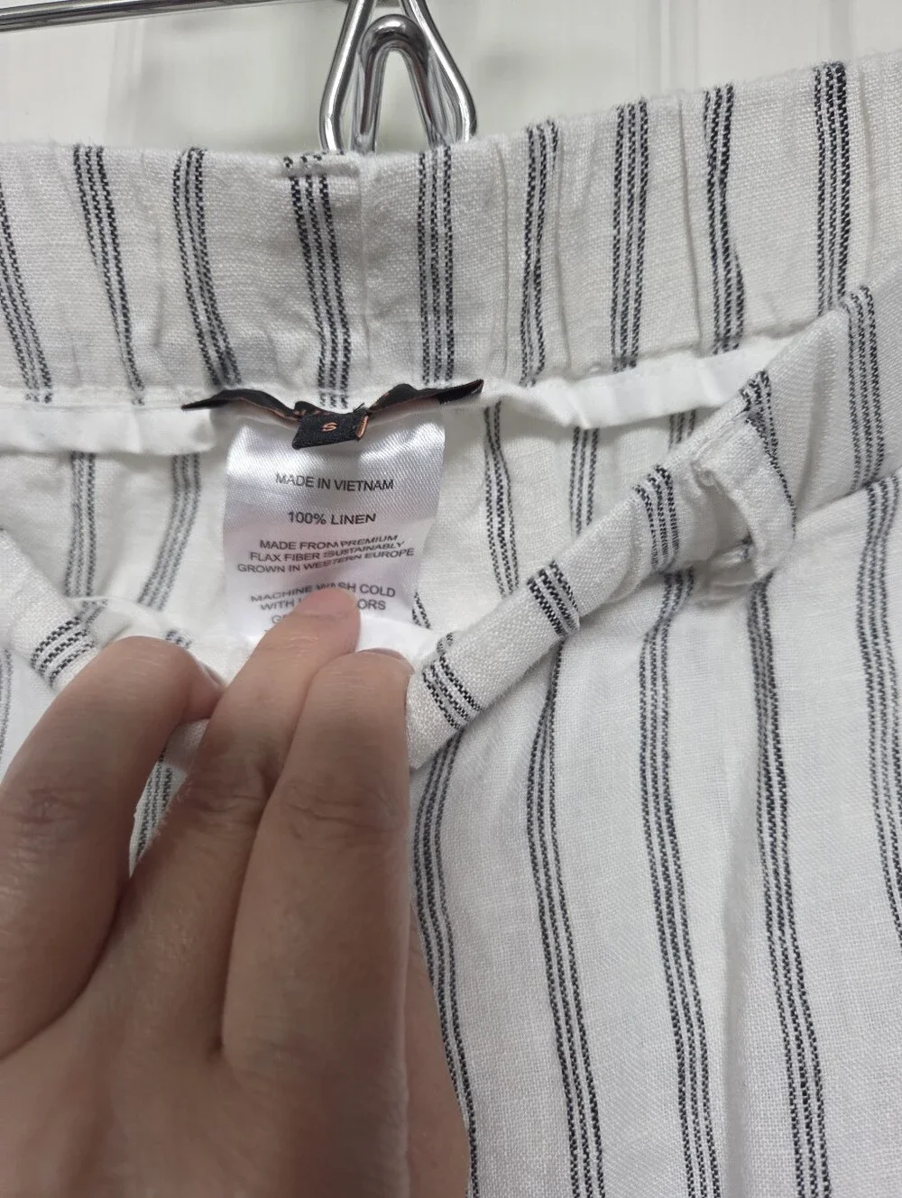 Quince Women's White Black Striped 100% Linen Trousers Size Small Summer